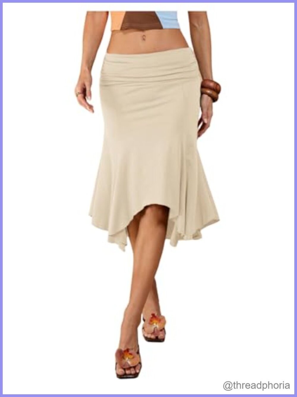Women's Elastic Ruched Asymmetrical Flowy Handkerchief Hem Midi Skirt